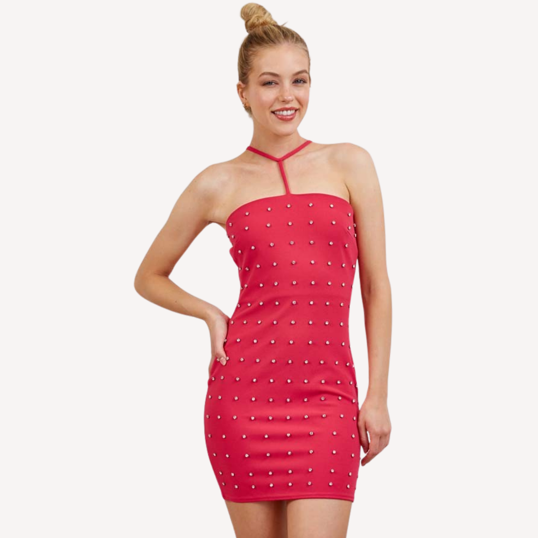 Starlight Halter Mini Dress – Rhinestone Studded Bodycon Night Out Dress