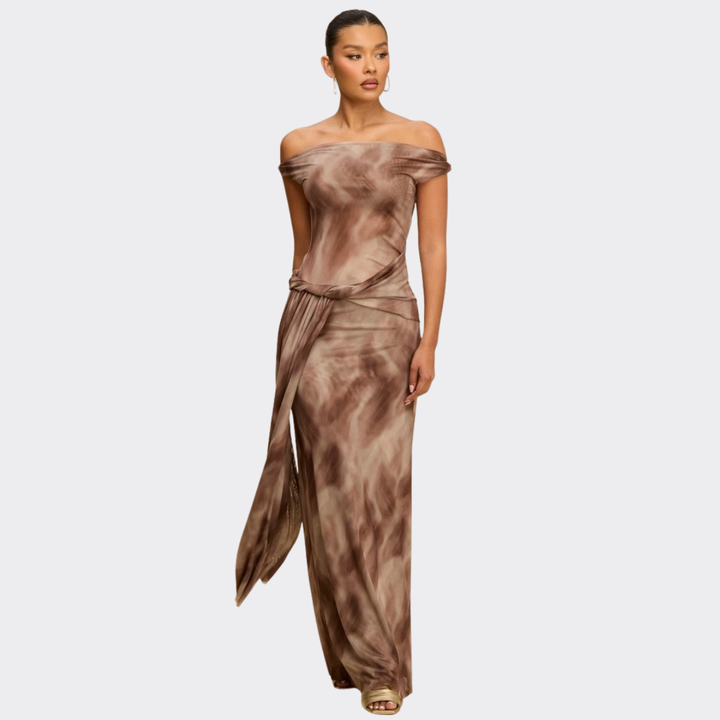 Golden Mirage Off-Shoulder Draped Maxi Dress – Elegant Tie-Dye Evening Dress for Women | La Belle Gina Boutique