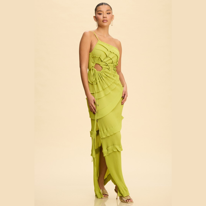 Selene Pleated Cutout Maxi Dress | Elegant One Shoulder Ruffle Dress | La Belle Gina Boutique