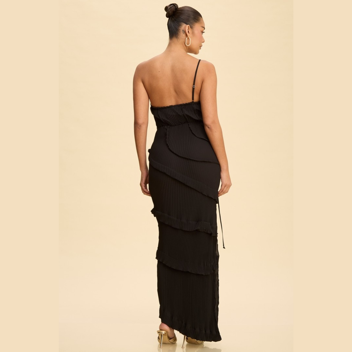 Selene Pleated Cutout Maxi Dress | Elegant One Shoulder Ruffle Dress | La Belle Gina Boutique