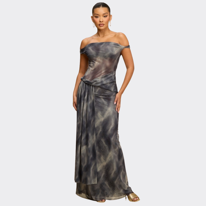 Golden Mirage Off-Shoulder Draped Maxi Dress – Elegant Tie-Dye Evening Dress for Women | La Belle Gina Boutique