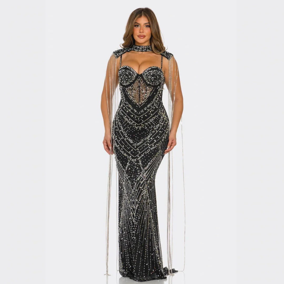 Luxury Rhinestone Mesh Evening Gown – Sparkling Mermaid Maxi Dress with Cape Detail