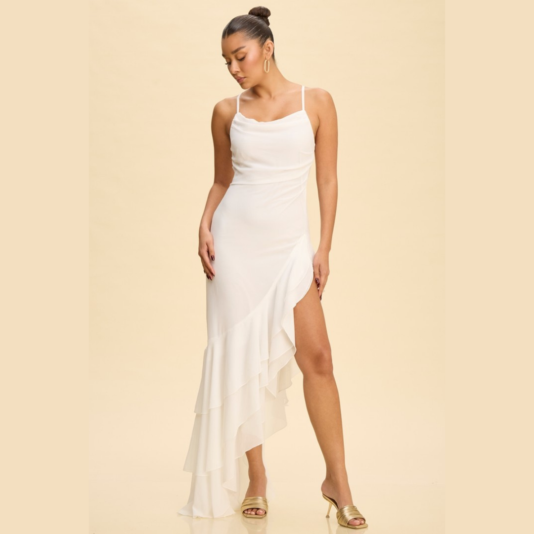 Amara Ruffle High-Low Maxi Dress | Elegant Sleeveless Formal Dress | La Belle Gina Boutique