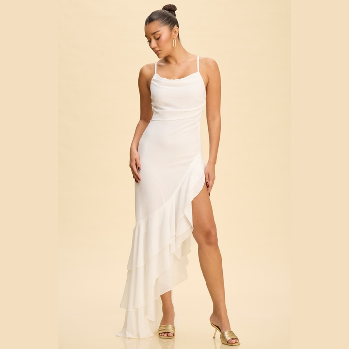 Amara Ruffle High-Low Maxi Dress | Elegant Sleeveless Formal Dress | La Belle Gina Boutique