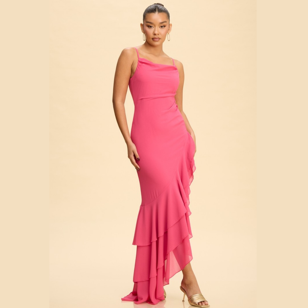 Amara Ruffle High-Low Maxi Dress | Elegant Sleeveless Formal Dress | La Belle Gina Boutique