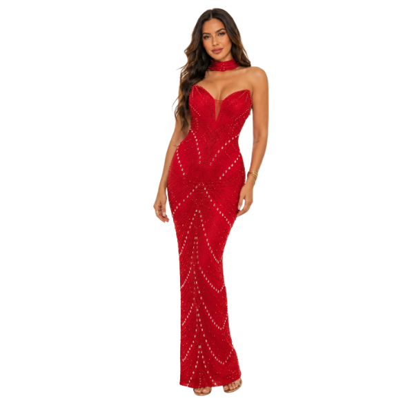 Glamour Muse Rhinestone Mesh Maxi Dress – Strapless Bodycon Evening Gown