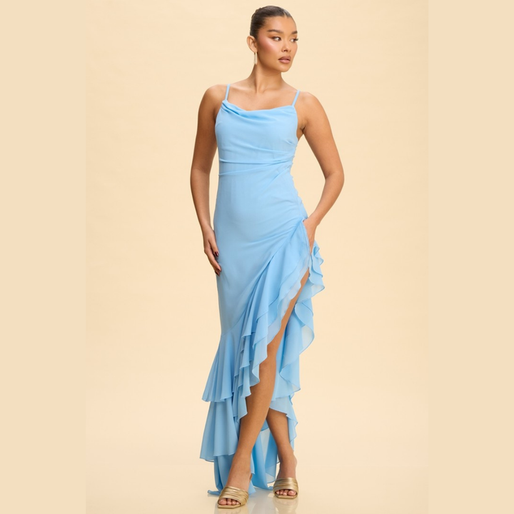 Amara Ruffle High-Low Maxi Dress | Elegant Sleeveless Formal Dress | La Belle Gina Boutique