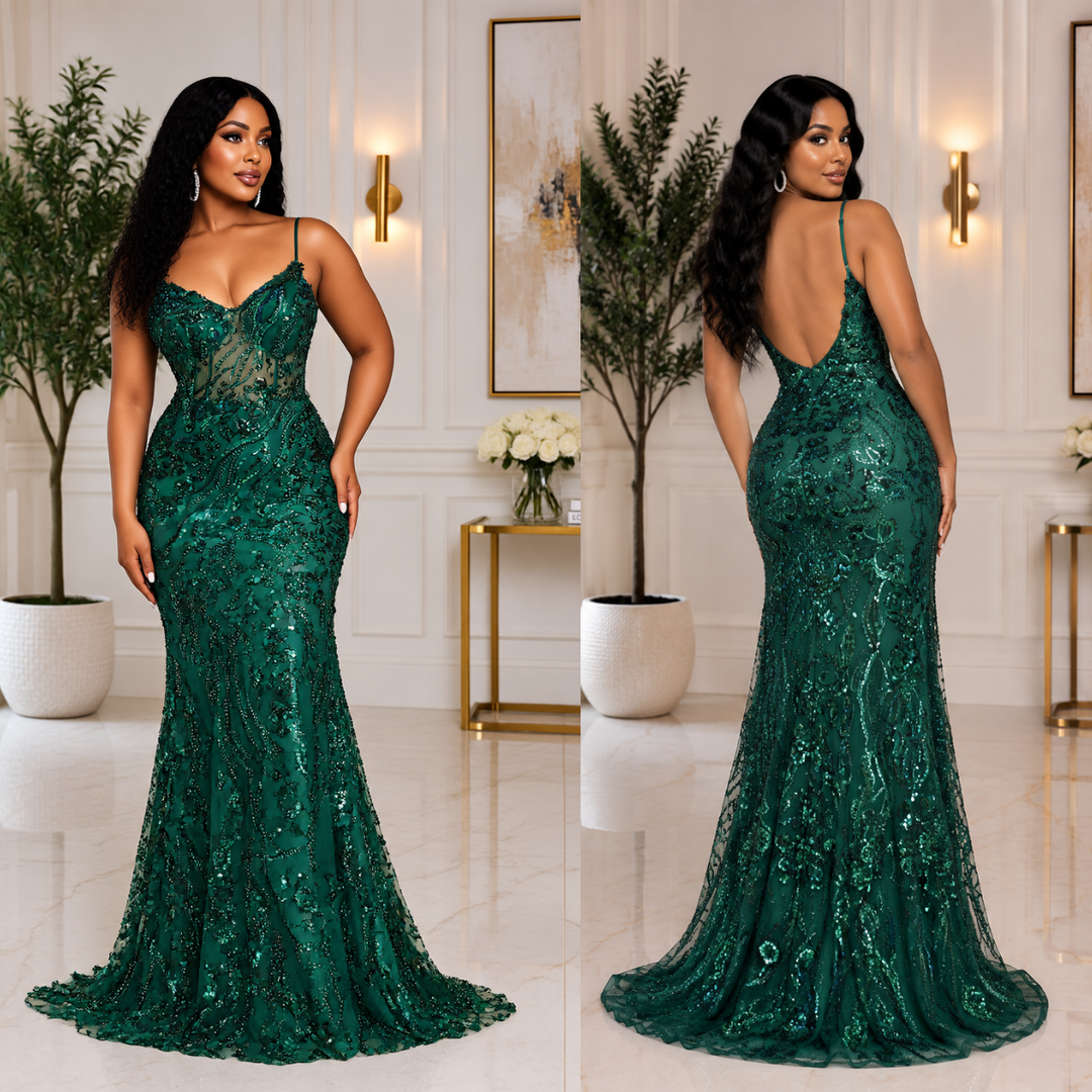 Emerald Enchantment Sequin Mermaid Gown – Corset Formal Maxi Dress