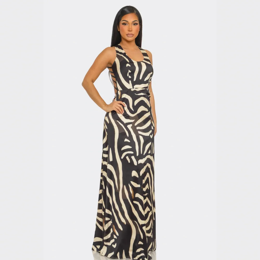 Savannah Luxe Zebra Print Strappy Back Maxi Dress | Sexy Open Back Animal Print Gown