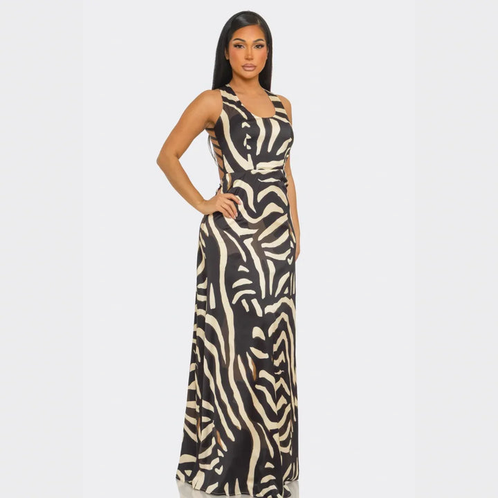Savannah Luxe Zebra Print Strappy Back Maxi Dress | Sexy Open Back Animal Print Gown