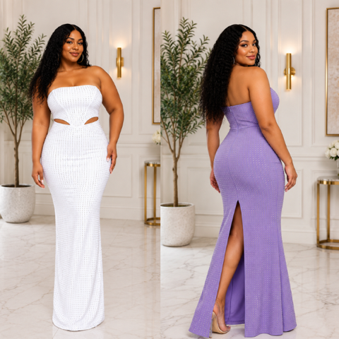 Rhinestone Strapless Maxi Dress – Elegant Cutout Evening Gown