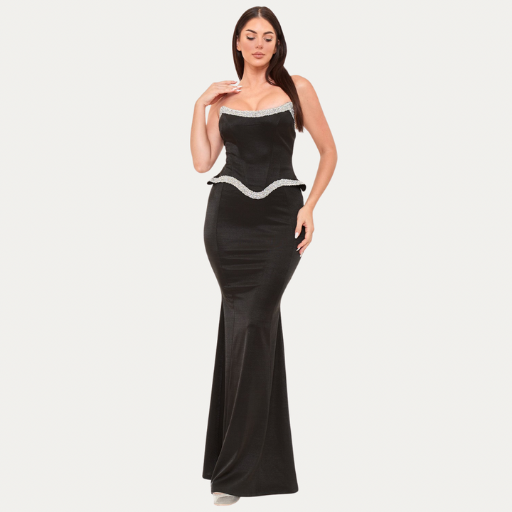 Celeste Glow Strapless Rhinestone Trim Mermaid Maxi Dress | La Belle Gina Boutique