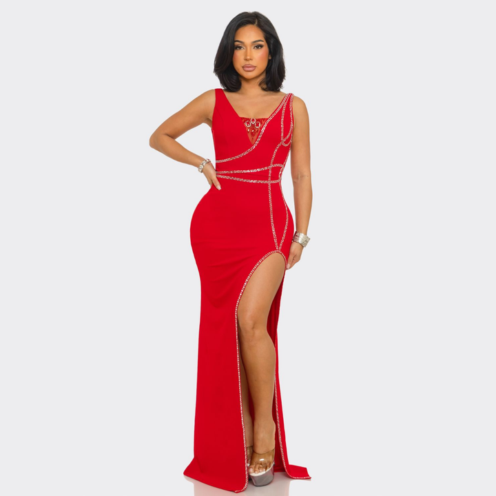 Diamond Allure Crystal Trim Maxi Dress – Elegant High Slit Evening Gown | La Belle Gina BoutiqueL