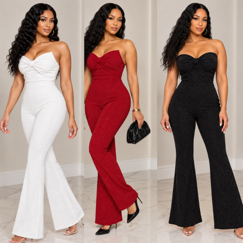Strapless Bow Flare Jumpsuit – Elegant Women’s Party Jumpsuit