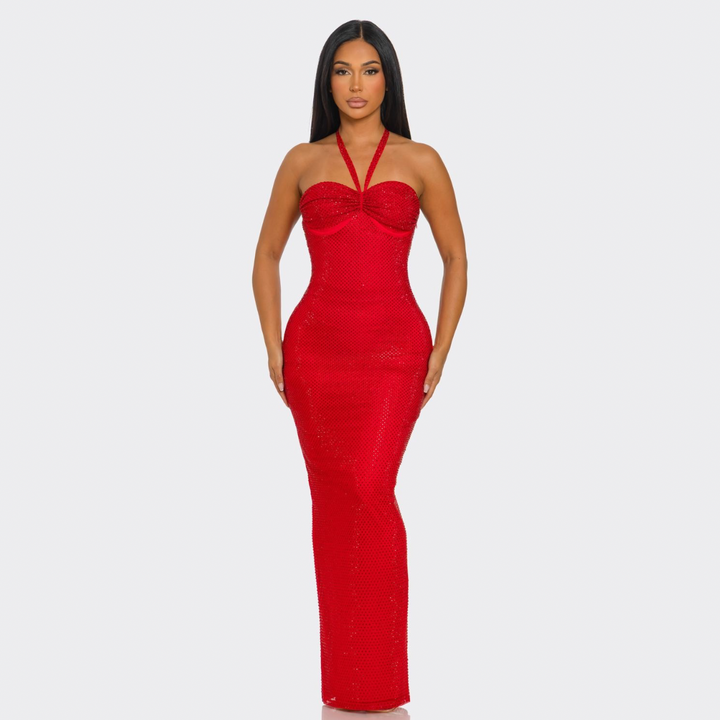 Luxury Sparkle Halter Maxi Gown – Curve Hugging Back Lace-Up Evening Dress | La Belle Gina Boutique