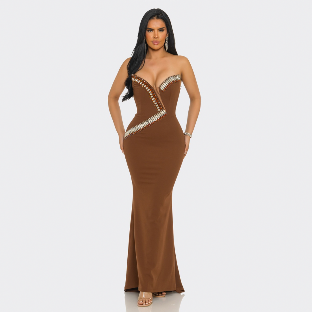Imperial Goddess Strapless Rhinestone Trim Mermaid Gown | Luxury Evening Dress