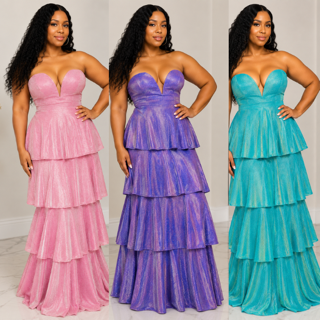 Goddess Glow Metallic Tiered Maxi Dress – Strapless Deep V-Neck Ruffle Gown