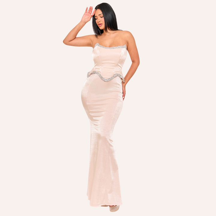 Celeste Glow Strapless Rhinestone Trim Mermaid Maxi Dress | La Belle Gina Boutique