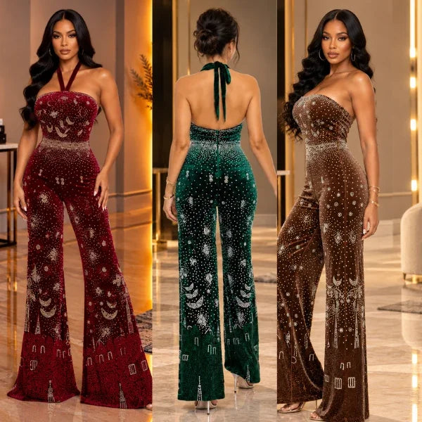 Glamour Queen Rhinestone Halter Jumpsuit – Sparkly Wide-Leg Evening Outfit