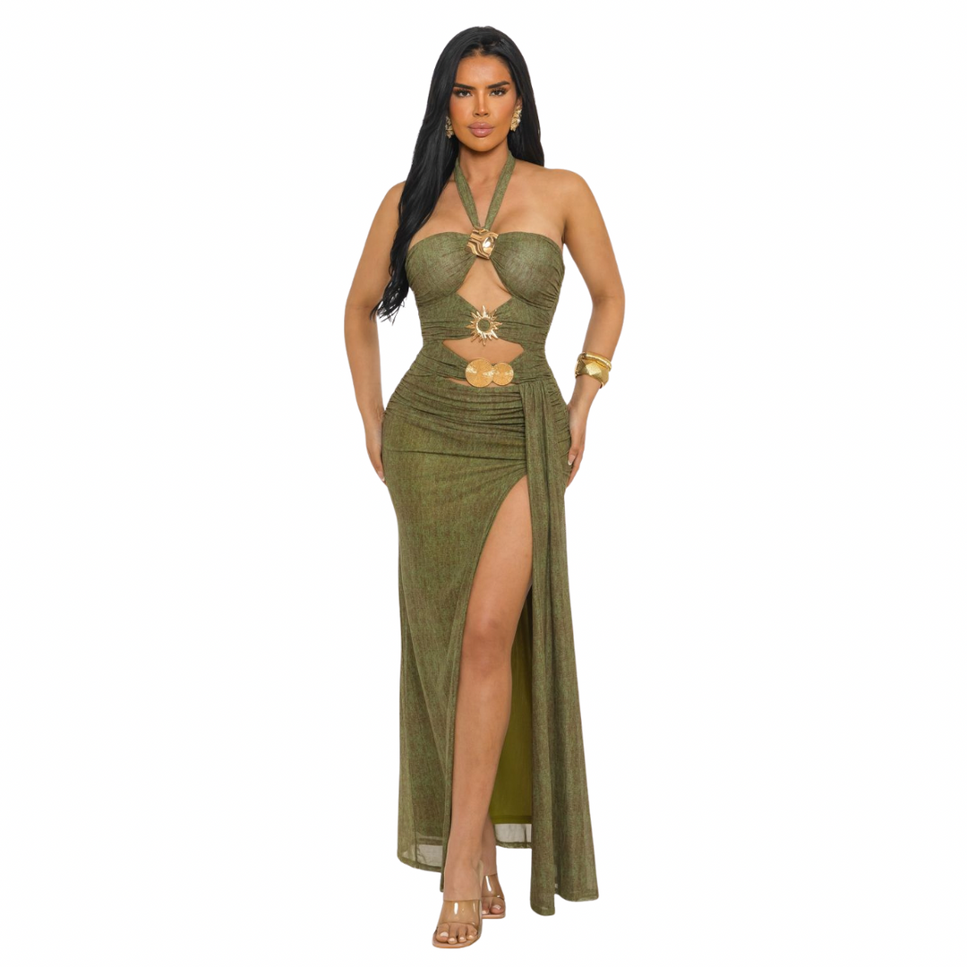 Women’s Ruched Cutout Maxi Dress with Gold Hardware – Strapless Bodycon Evening Gown with High Slit