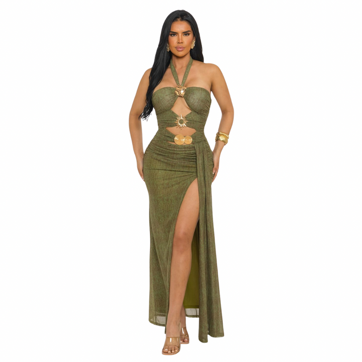 Women’s Ruched Cutout Maxi Dress with Gold Hardware – Strapless Bodycon Evening Gown with High Slit