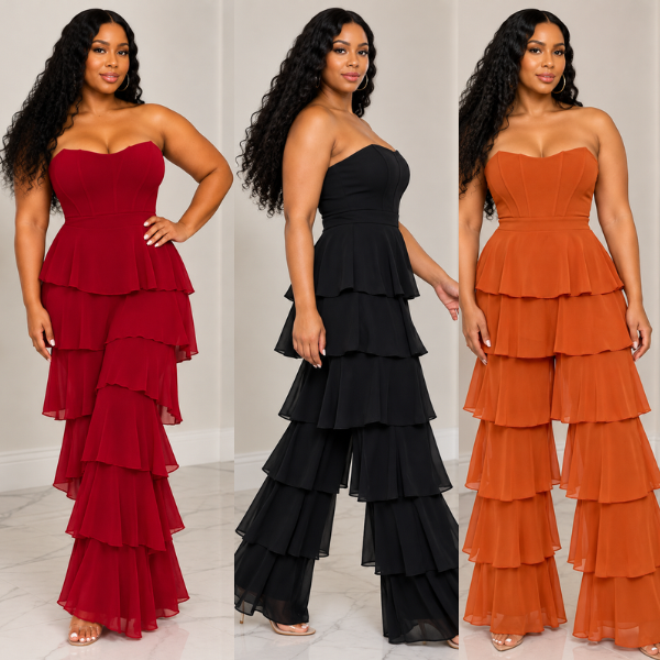 Luxe Strapless Tiered Ruffle Jumpsuit – Elegant Wide Leg Party Jumpsuit