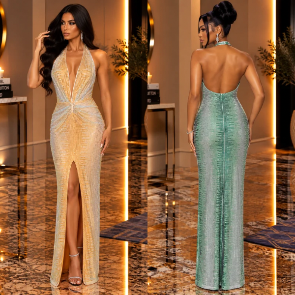 Gina Luxe Rhinestone Halter Maxi Dress – Plunging Neck Backless Evening Gown