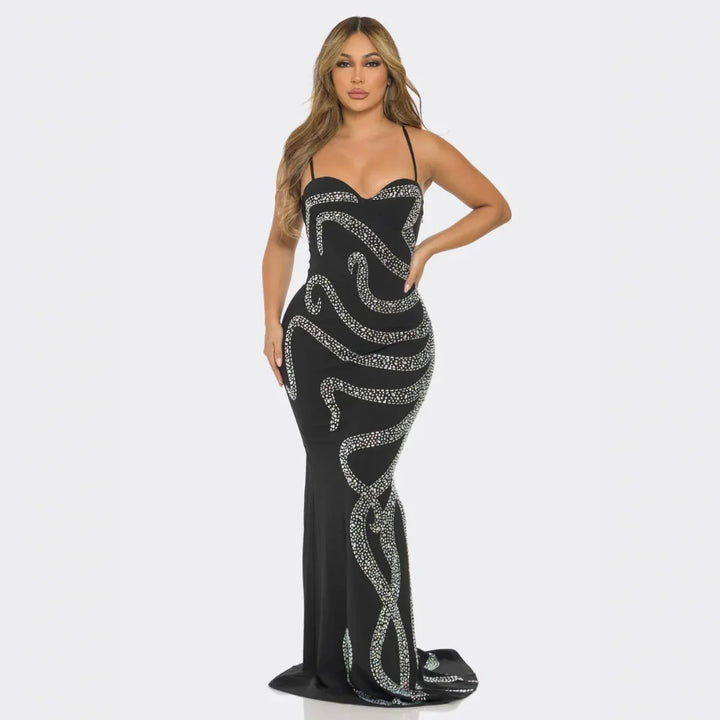 Ethereal Swirl Rhinestone Mermaid Gown – Elegant Formal Evening Dress for Women