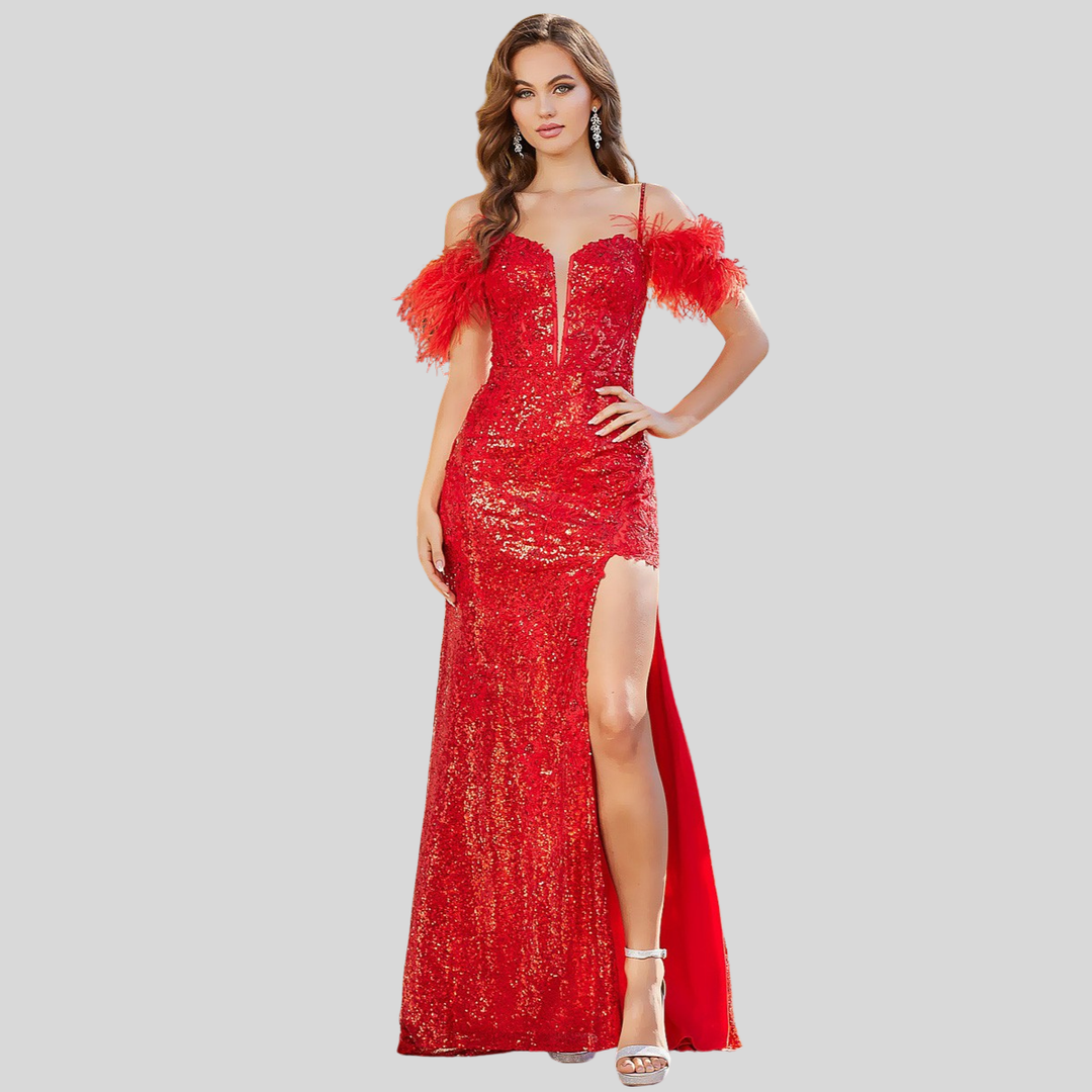 Feather Sequin Off-Shoulder Evening Gown – Luxury Prom & Party Dress