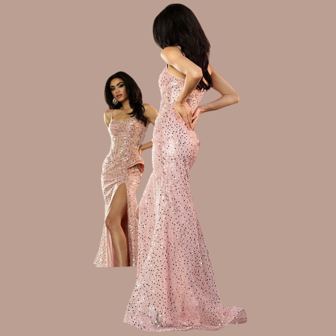 Blue Sequin Gown with High Slit – Elegant Evening Prom Dress