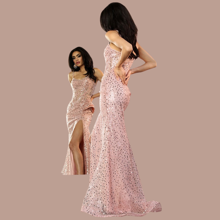 Blue Sequin Gown with High Slit – Elegant Evening Prom Dress