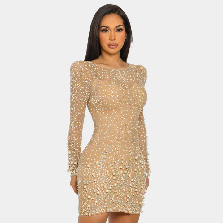 pearl long sleeve mini dress EURMUSE Women Pearl Detailed Long Sleeve Short Mini Dress