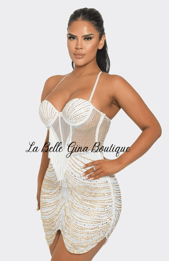 Adriana Rhinestone Mesh Elegant Birthday Wedding Guest Party Date Night Out Event Bodycon Mini Dress-White