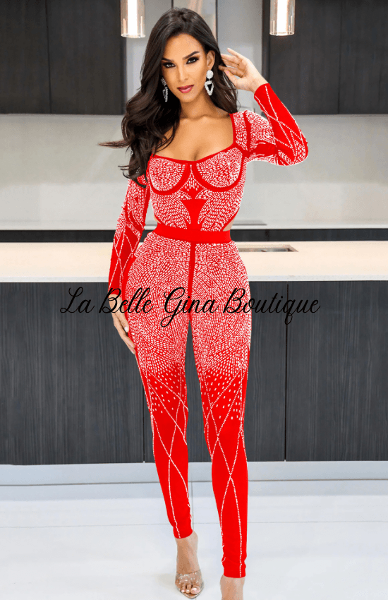 June Mesh Beaded Long Sleeve Red Set - La Belle Gina Boutique
