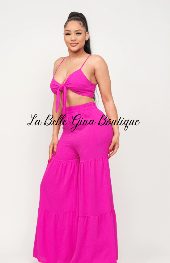 June Open Front Tie Top and Wide Flare Pants Set-Fuchsia - La Belle Gina Boutique