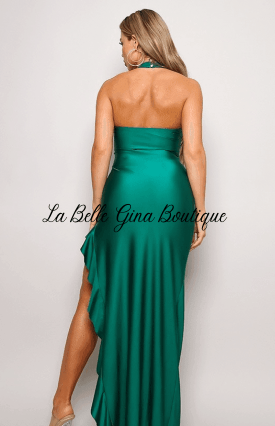 Laura Sleeveless Halter Neck Side Slit Ruffle Maxi Dress-Kelly Green Kelly Green / Small Laura Sleeveless Halter Neck Side Slit Ruffle Maxi Dress-Kelly Green Kelly Green / Small