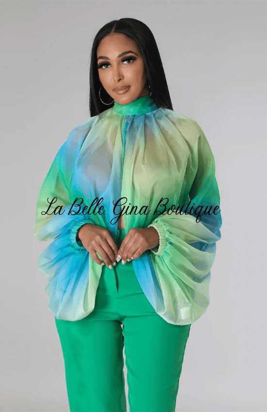 Lise Lace-up Printed Chiffon Shirt Bat Sleeves Top-Green - La Belle Gina Boutique