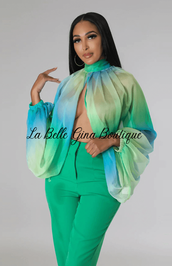 Lise Lace-up Printed Chiffon Shirt Bat Sleeves Top-Green - La Belle Gina Boutique