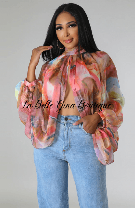 Lise Lace-up Printed Chiffon Shirt Bat Sleeves Top-light Pink - La Belle Gina Boutique