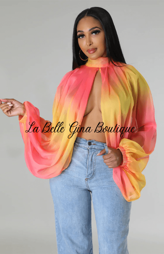 Lise Lace-up Printed Chiffon shirt Bat Sleeves Top-Orange - La Belle Gina Boutique