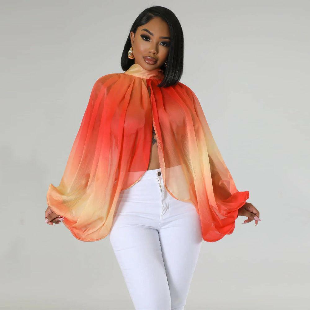 Lise Lace-up Printed Chiffon shirt Bat Sleeves Top-Orange – La