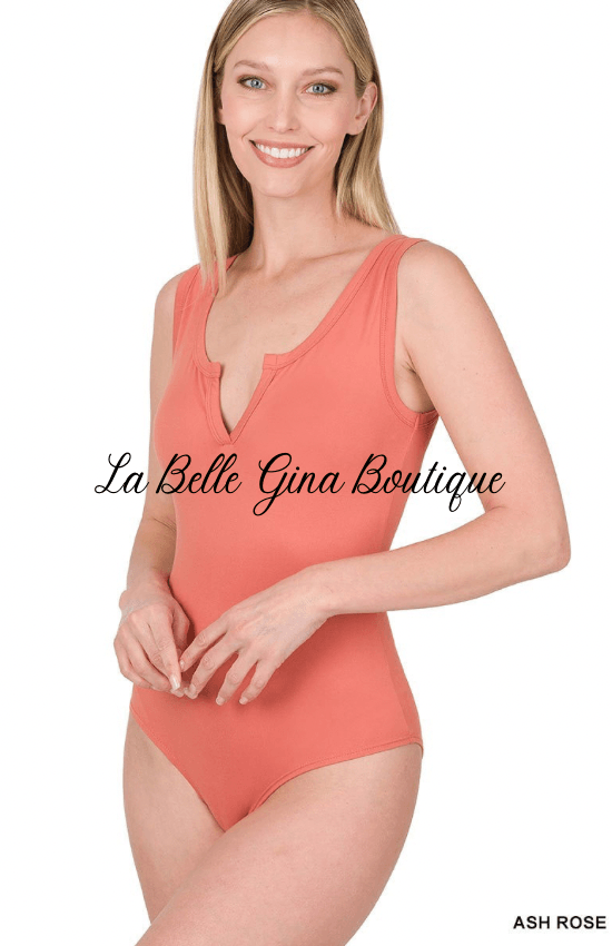 Lora Brushed Microfiber Split Neck Bodysuit - La Belle Gina Boutique