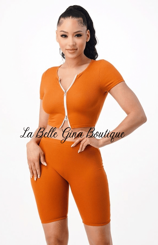 Lorie 2 Piece Ribbed Crop Split Zipper top Sets - La Belle Gina Boutique
