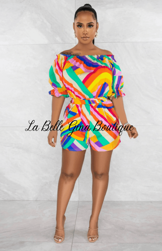 Marlie Colorful Print Off Shoulder Loose Jumpsuit - La Belle Gina Boutique