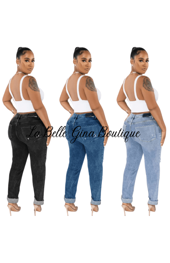 Marlie Ripped Buckle Stretch Denim Jeans- Black - La Belle Gina Boutique