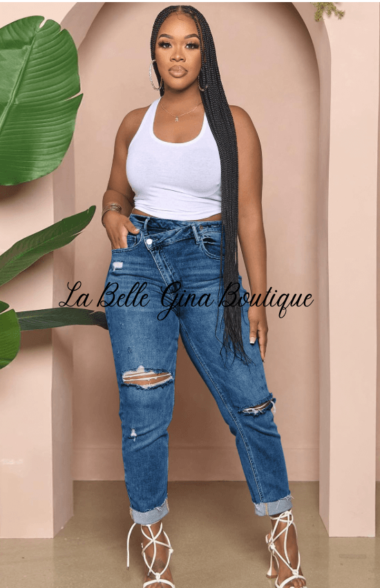 Marlie Ripped Buckle Stretch Denim Jeans-Dark Blue - La Belle Gina Boutique