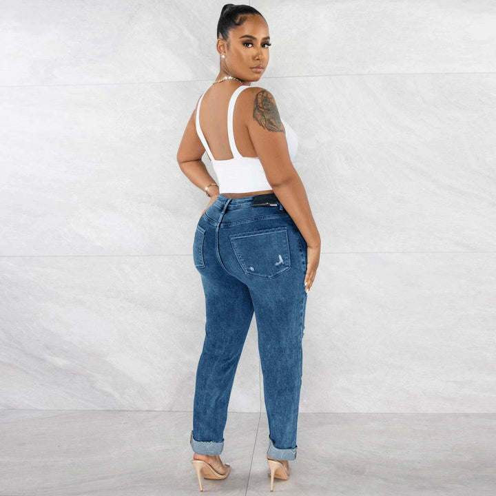 Marlie Ripped Buckle Stretch Denim Jeans-Dark Blue - La Belle Gina Boutique