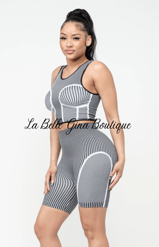 Marthe Striped Crop Top And Bliker Shorts Set-Black/White - La Belle Gina Boutique
