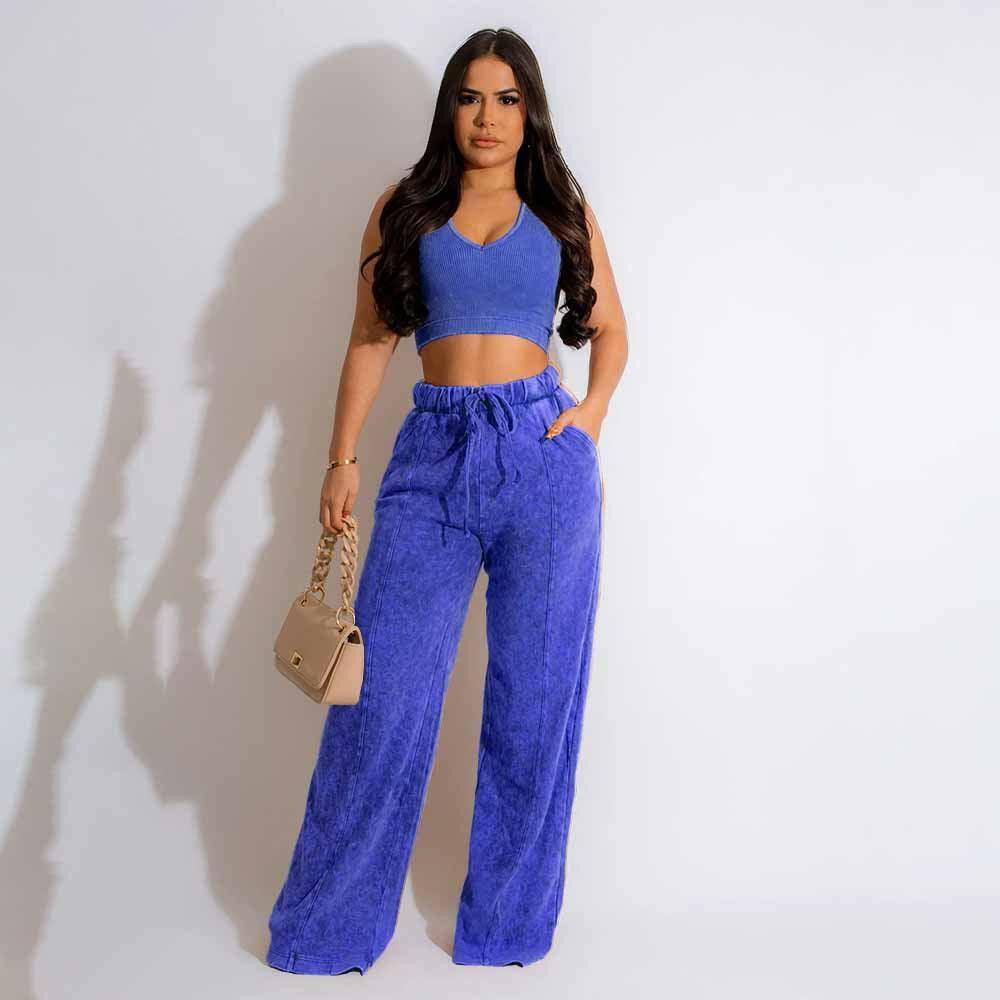 MYAさま Mya Sleeveless Open Waist Short Top Wide Leg Pants Set-FINAL SALE