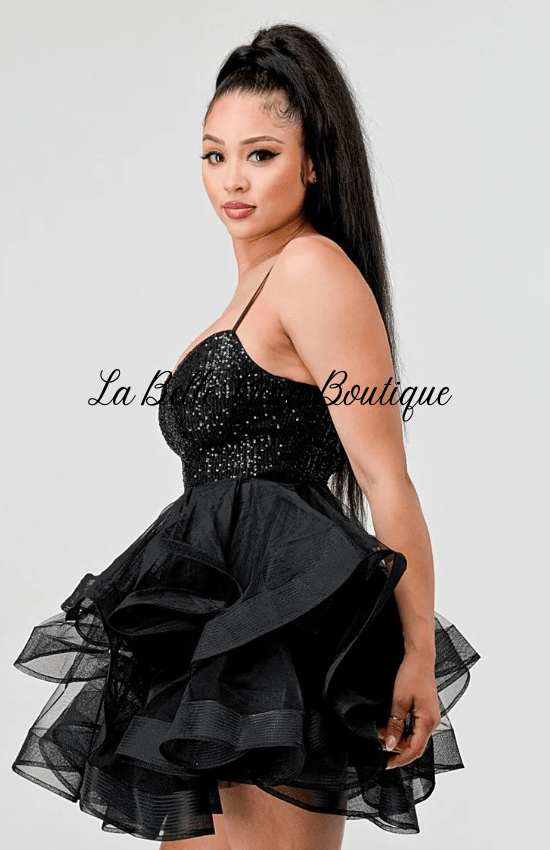 Sandy Sequin And Tulle Sweetheart Neckline Ruffled Mini Dress-Black - La Belle Gina Boutique